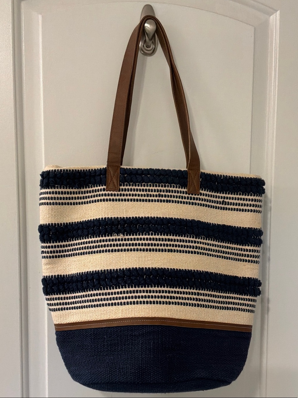 LOFT Striped Navy and Cream Woven Tote Bag